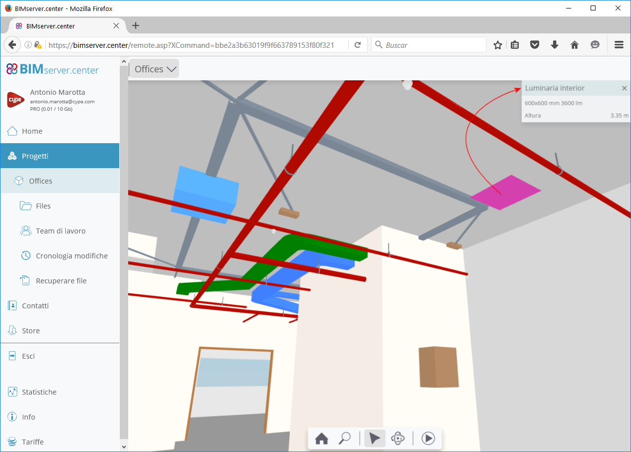 CYPELUX. Informazione degli oggetti illuminanti nella vista 3D di BIMserver.center (Web e app)