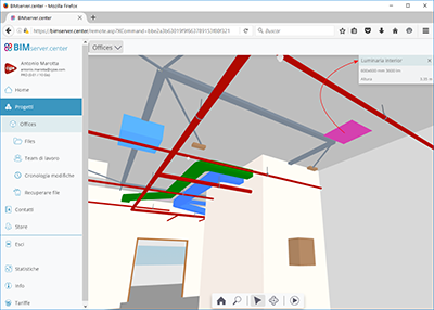CYPELUX. Informazione degli oggetti illuminanti nella vista 3D di BIMserver.center (Web e app).