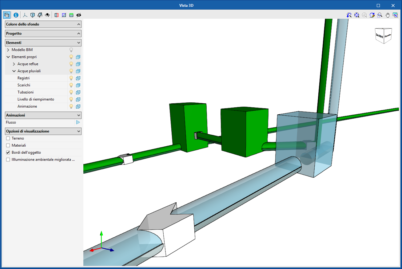 CYPEPLUMBING Sanitary Systems. Visualizzazione del livello di riempimento delle tubi nella vista 3D